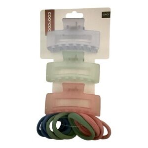 Hair Clips and Band Set - Blue, Green, Pink